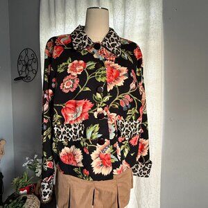 Maximalist Floral Print Jacket With Contrasting Leopard Trim and Large Buttons